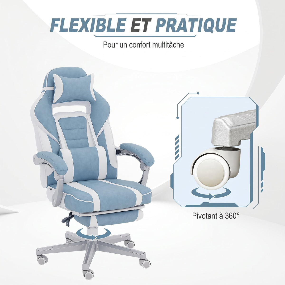 Chaise gaming, fauteuil gaming ergonomique avec repose-pieds, hauteur réglable, dossier inclinable, 63x63x123cm, bleu-5