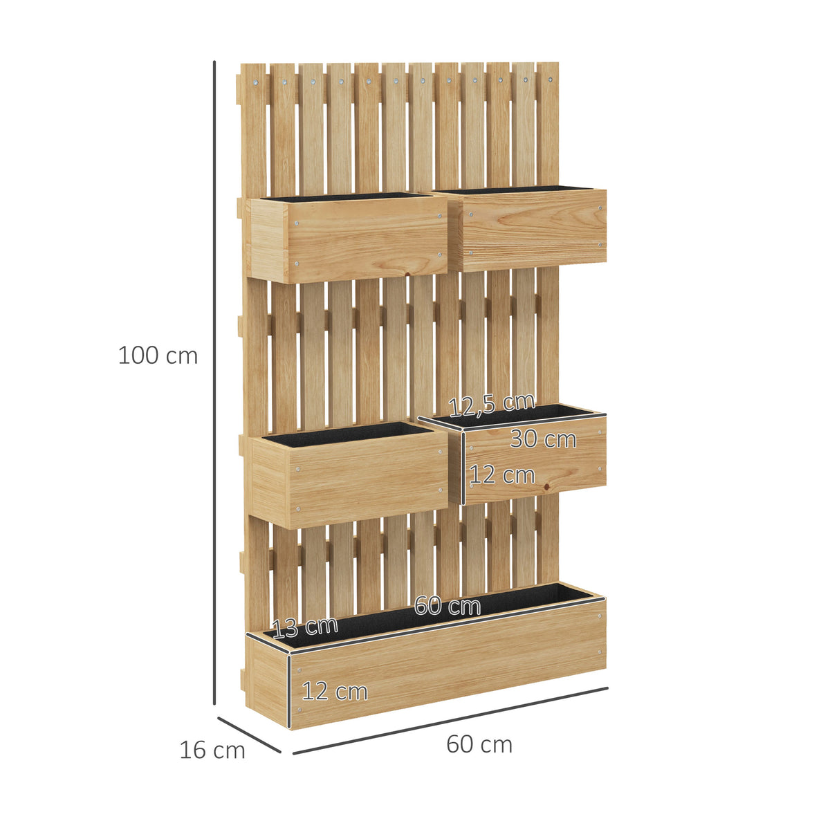 Jardinière murale potager avec 5 bacs treillis en bois massif amovibles 60 x 16 x 100 cm-2