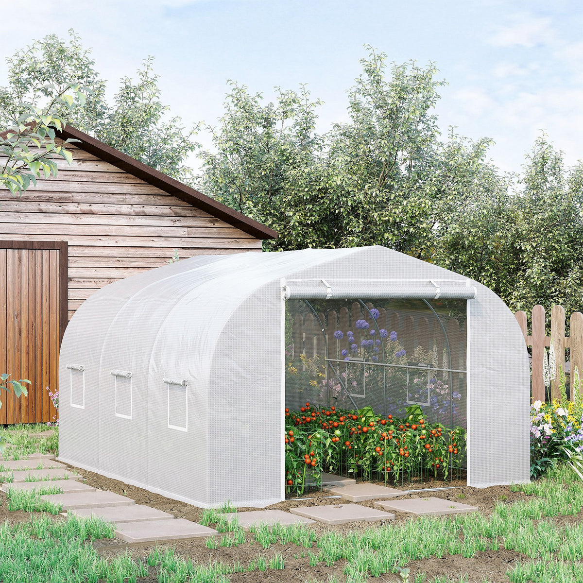 Serre de jardin serre tunnel de Jardin dim. 3,5L x 3l x 2H m Porte + 6 fenêtres enroulables Acier galvanisé bâche PE Haute densité Blanc-1