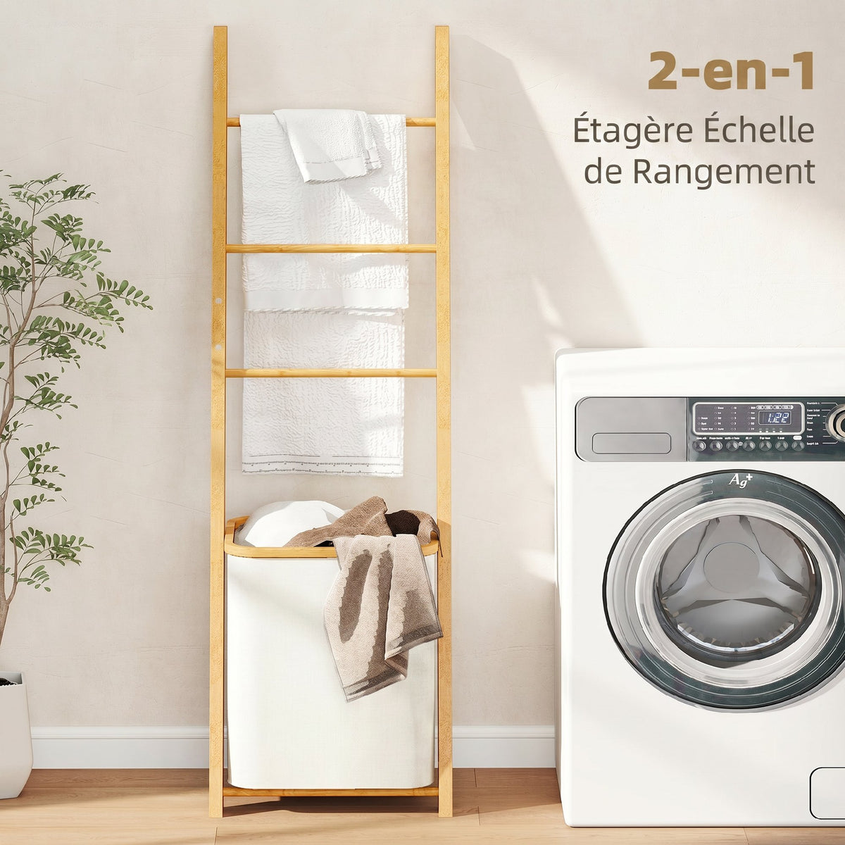 Porte-Serviettes Bambou avec Panier à Linge, Échelle Porte-Serviettes avec 1 Panier à Linge, 43 x 35 x 133 cm, Crème-3