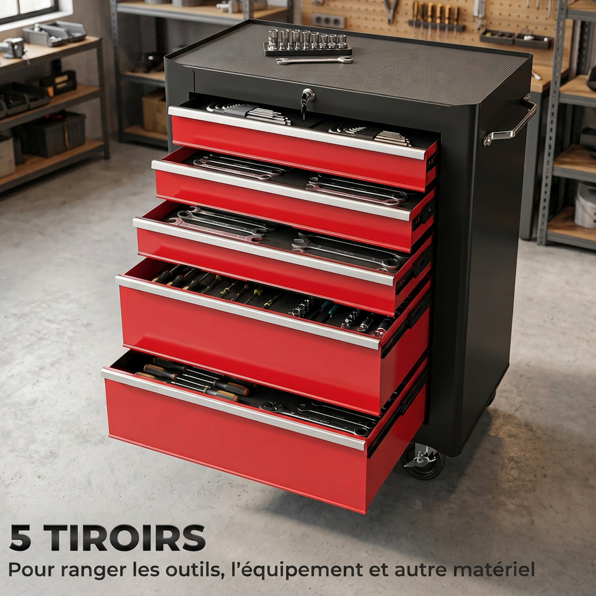 Chariot à outils sur roulettes, Servante d'atelier en acier 5 tiroirs verrouillable 2 clés, 61,5 x 33 x 82,5 cm, rouge-3