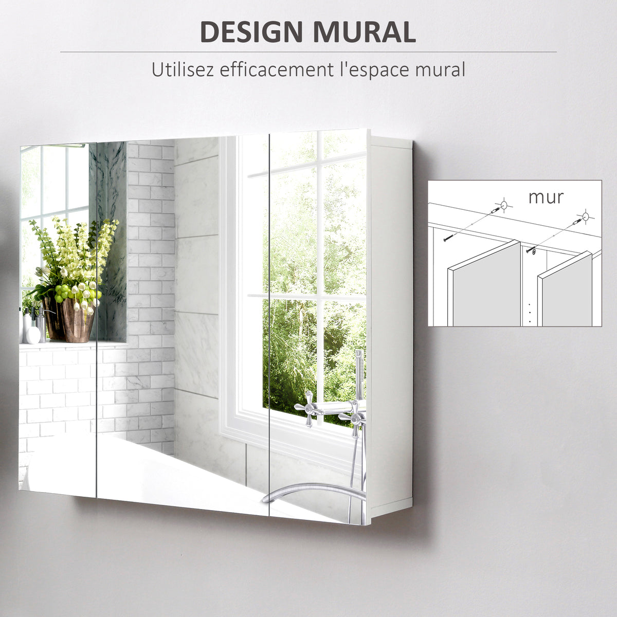Armoire murale de salle de bain avec 3 portes miroir et étagères réglables en MDF Blanc dim. 70L x 15l x 60H cm-3