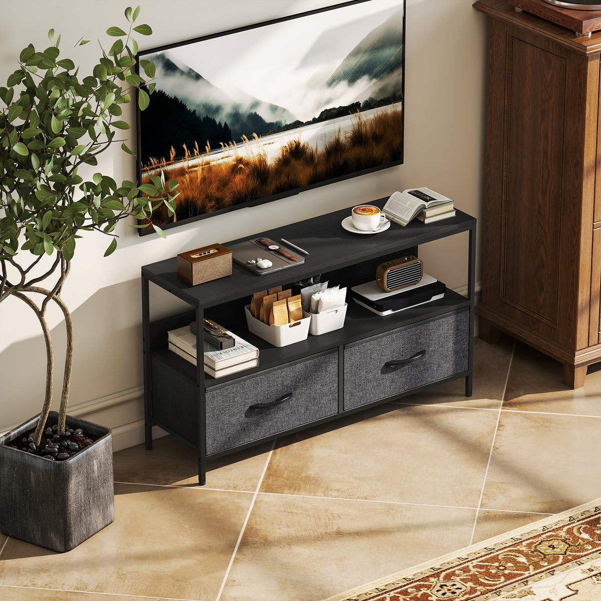 Meuble TV, meuble télé pour téléviseur jusqu'à 47 pouces avec 2 tiroirs et pieds en acier, 98 x 29 x 56 cm, gris foncé-9