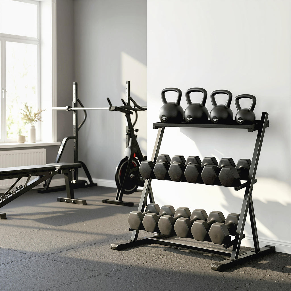 Support pour haltères à 3 niveaux, support de poids réglable en acier pour haltères, kettlebells, noir-8