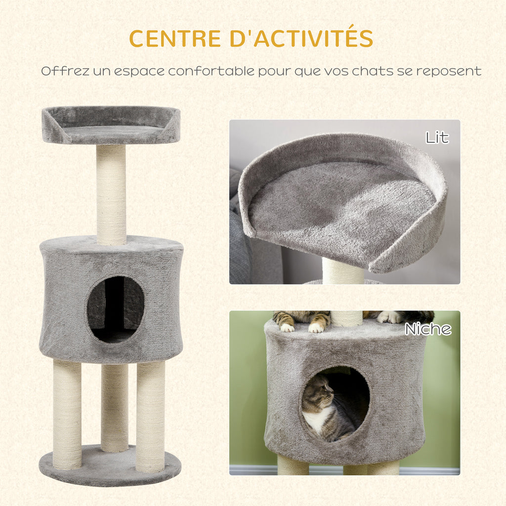 Arbre à chat griffoirs grattoirs sisal naturel arbre à grimper niche plate-forme en peluche hauteur 103 cm gris-4