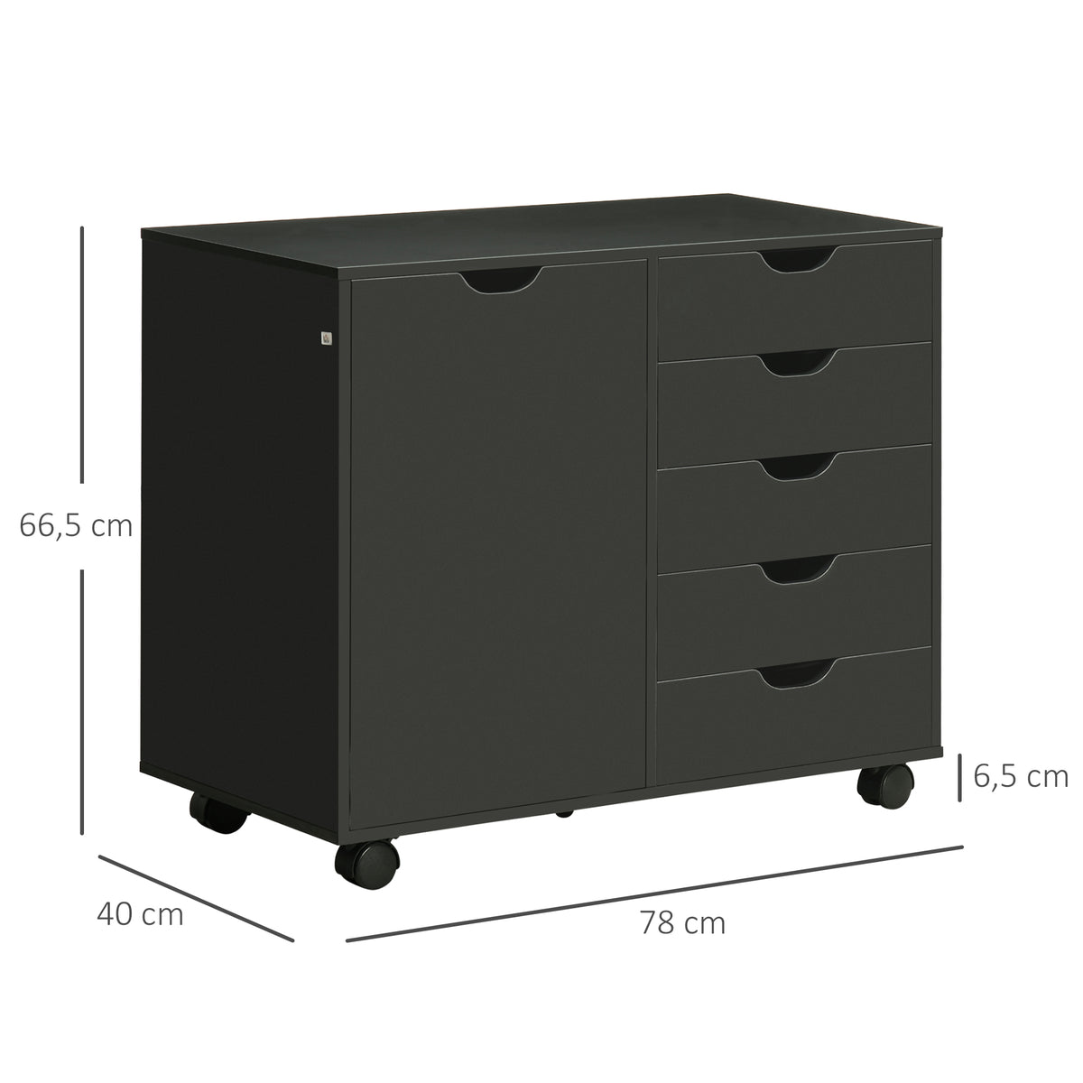 Caisson de bureau avec 5 tiroirs 1 porte étagère réglable, support imprimante sur roulettes, 78x40x66,5 cm, noir-2
