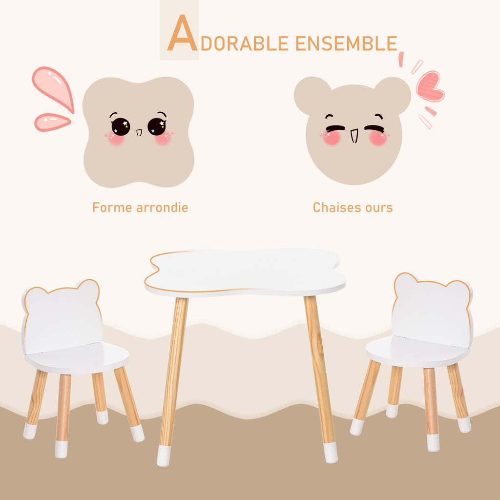 Ensemble table et chaises enfant design scandinave motif ourson bois pin MDF blanc-4
