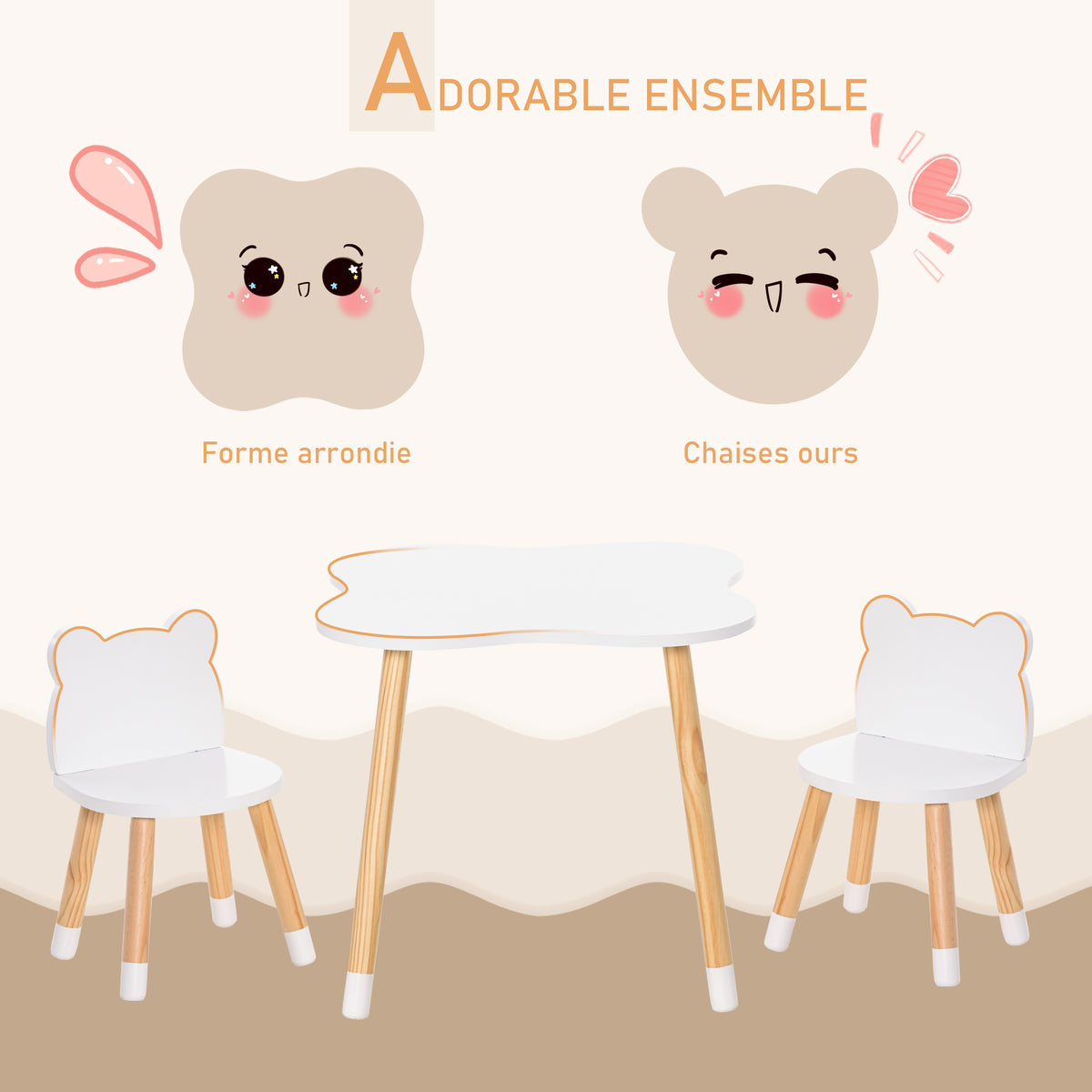 Ensemble table et chaises enfant design scandinave motif ourson bois pin MDF blanc-4