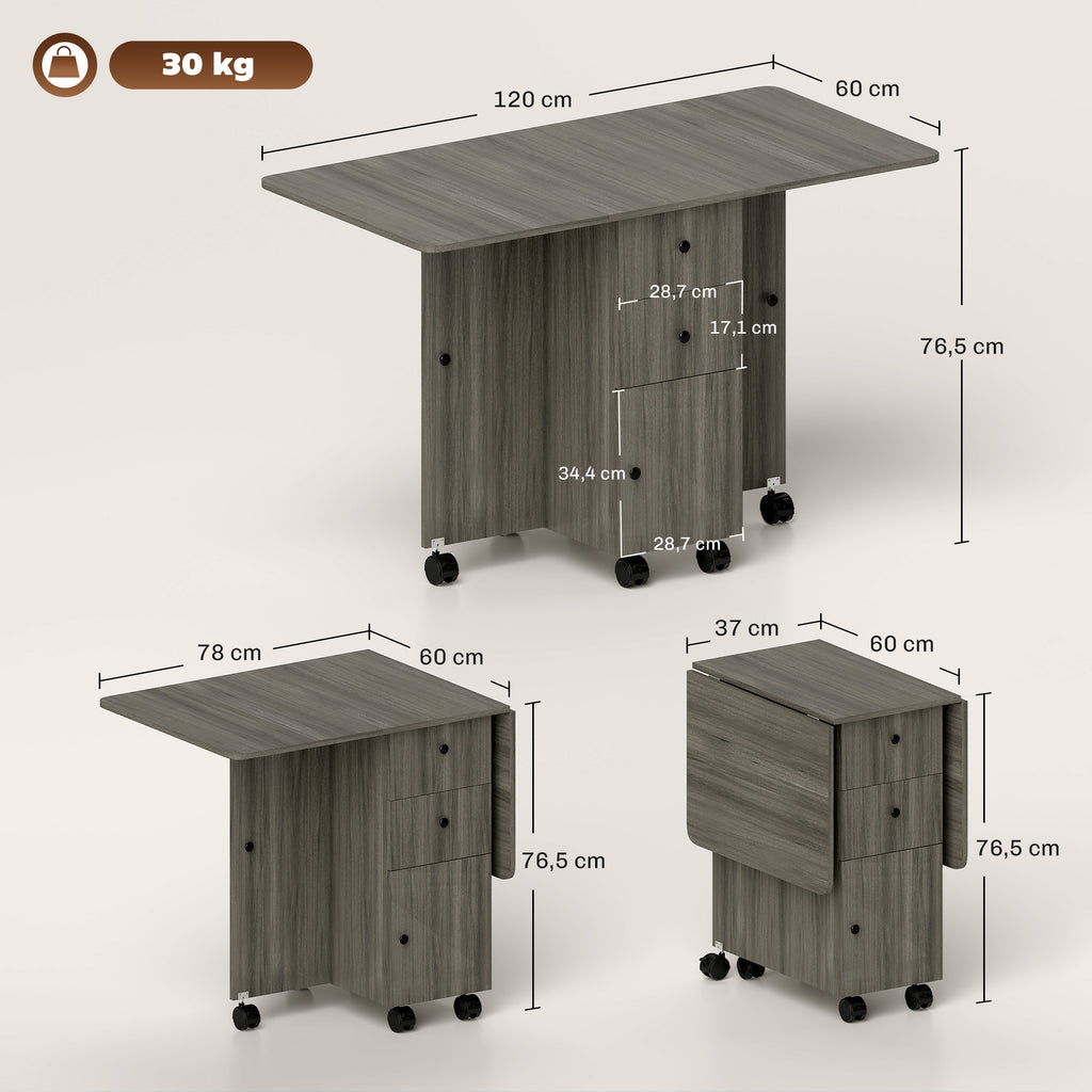 Table de cuisine pliable table à manger pliante 2 plateaux rabattables avec 2 tiroirs 1 placard gris-2