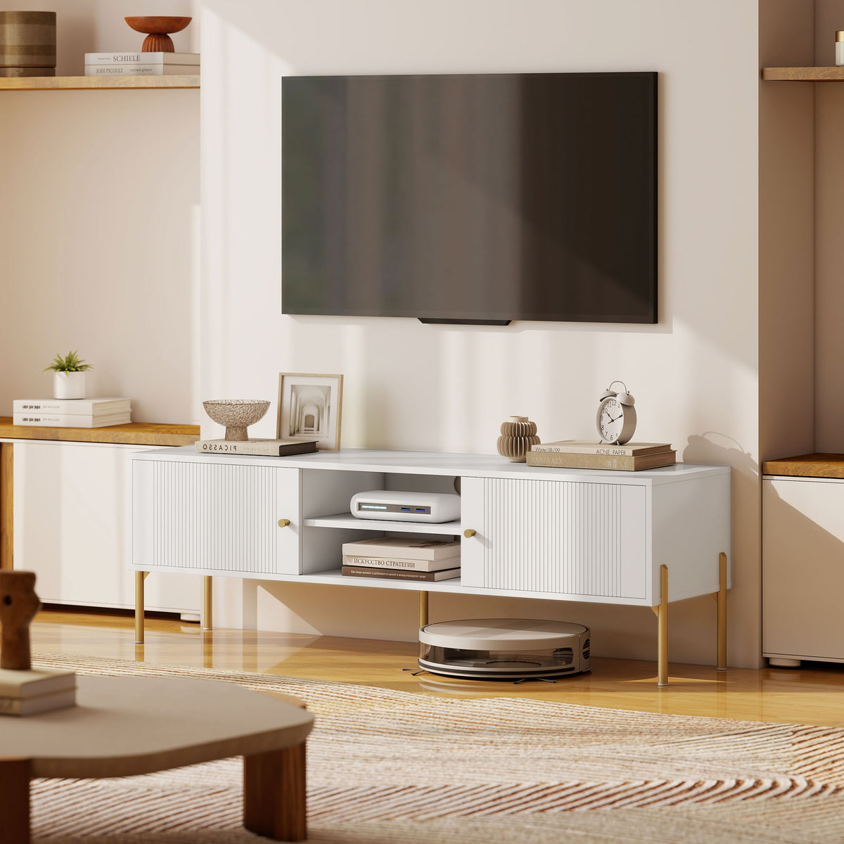 Meuble TV, meuble télé jusqu'à 65 pouces avec 2 portes, 2 compartiments ouverts, pieds en acier, 140x38x45,9cm, blanc-8