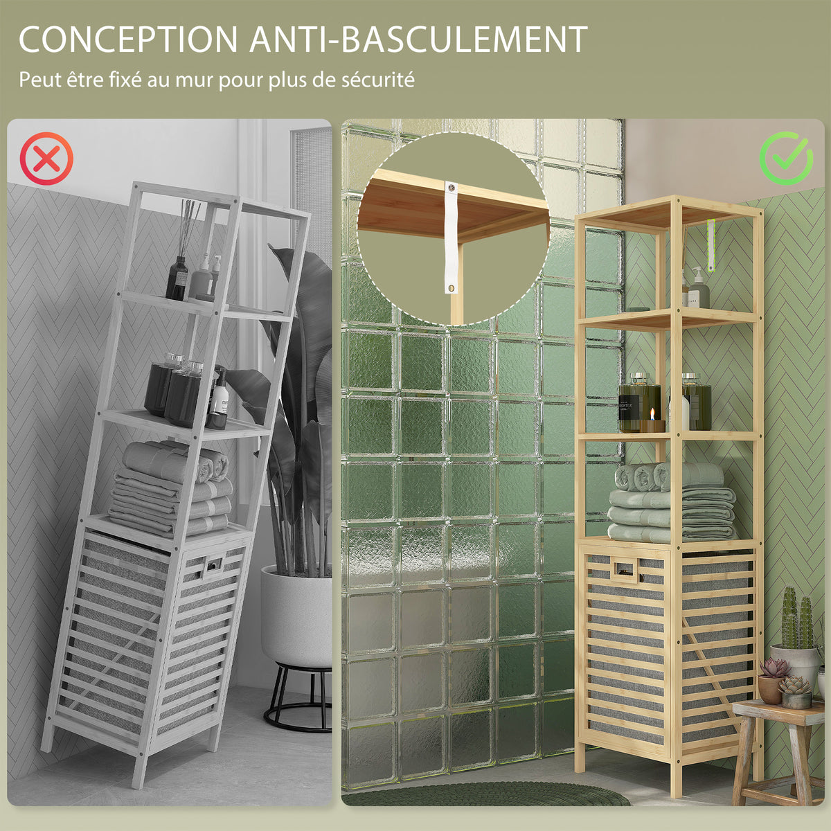 Etagère de rangement pour salle de bain en bambou avec 3 étagères et 1 panier à linge amovible 44L x 33l x 160H cm-6