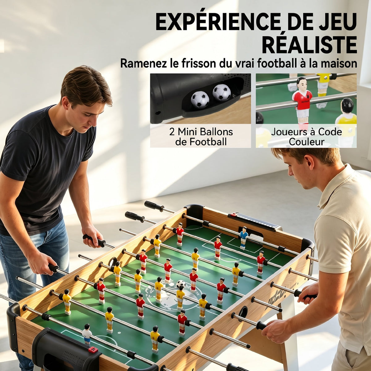 Baby-foot pour Enfants et Adultes, 22 Joueurs, 2 Ballons, 2 Compteurs de Points Manuels, 109 x 77 x 72 cm, Chêne Jaune-3