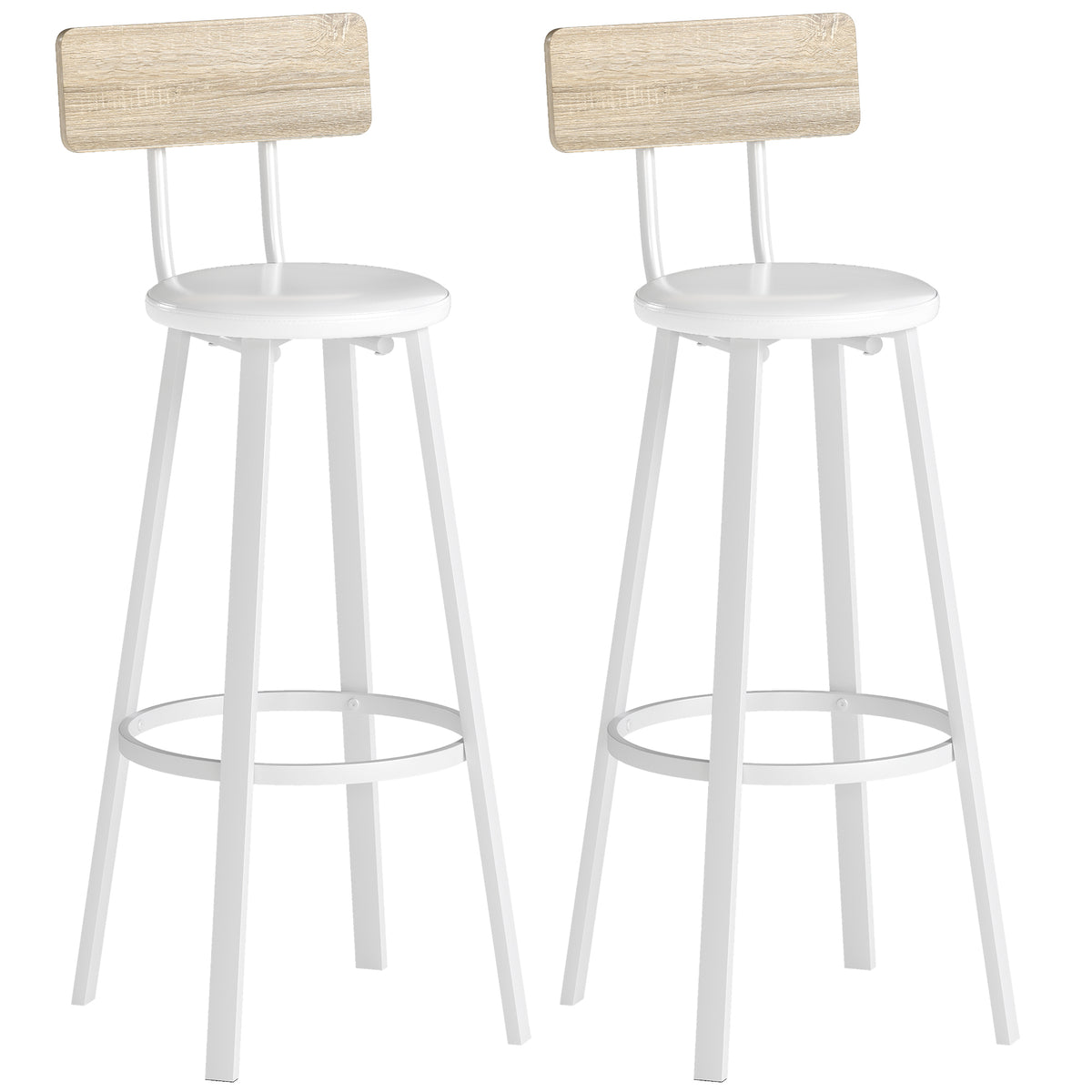 Lot de 2 tabourets de bar, chaises de bar, assise rembourrée 75,5H cm, dossier et repose-pieds, bois naturel et blanc-0