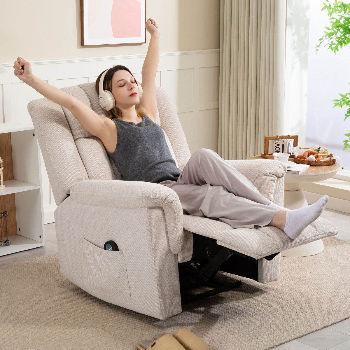 Fauteuil relax massant et chauffant, fauteuil inclinable, dossier réglable manuellement, 85x91x104cm, beige-9