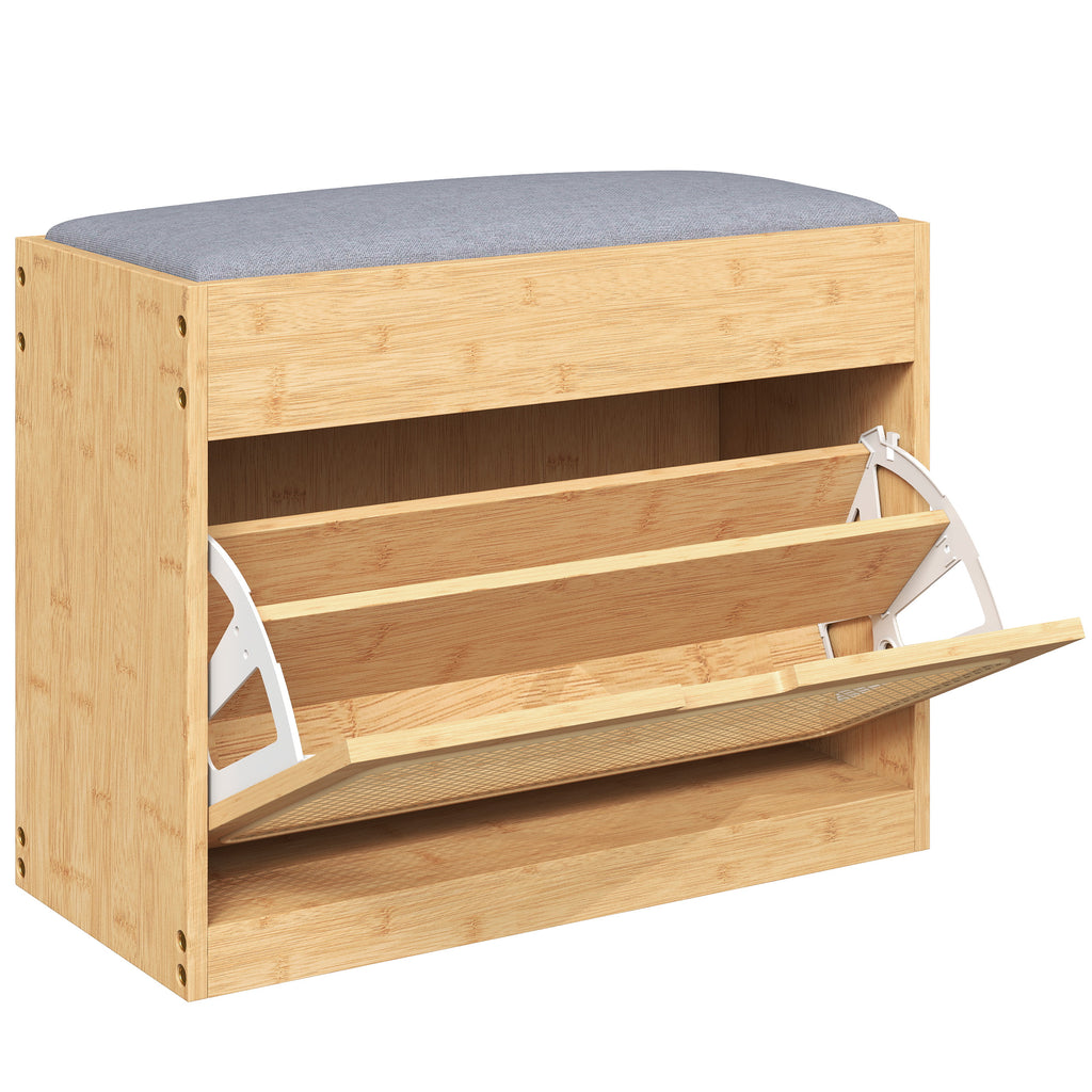 Banc chaussures entrée, banc de rangement en bambou, assise rembourrée, porte en rotin et étagère réglable, bois naturel-0