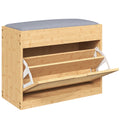 Banc chaussures entrée, banc de rangement en bambou, assise rembourrée, porte en rotin et étagère réglable, bois naturel-0