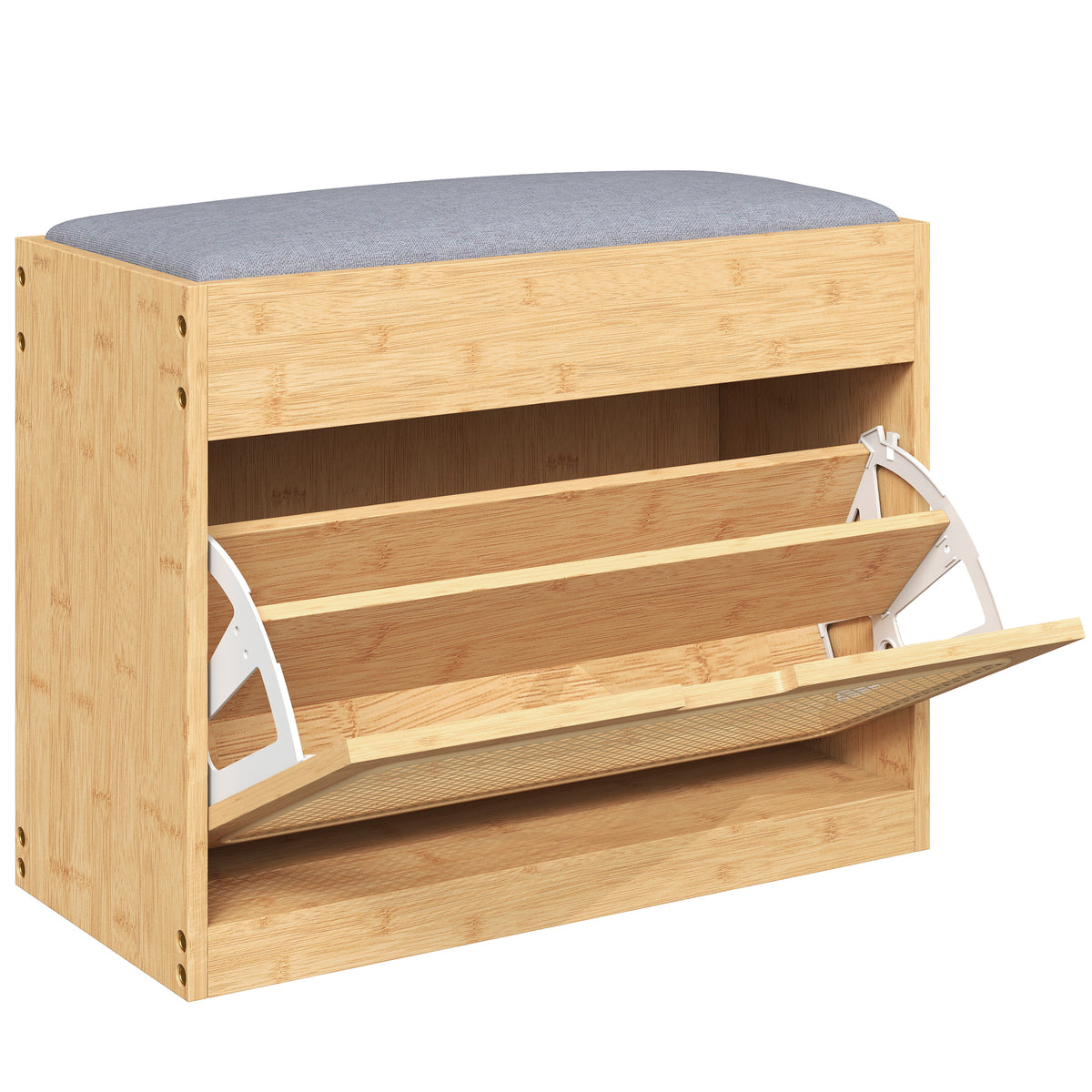 Banc chaussures entrée, banc de rangement en bambou, assise rembourrée, porte en rotin et étagère réglable, bois naturel-0