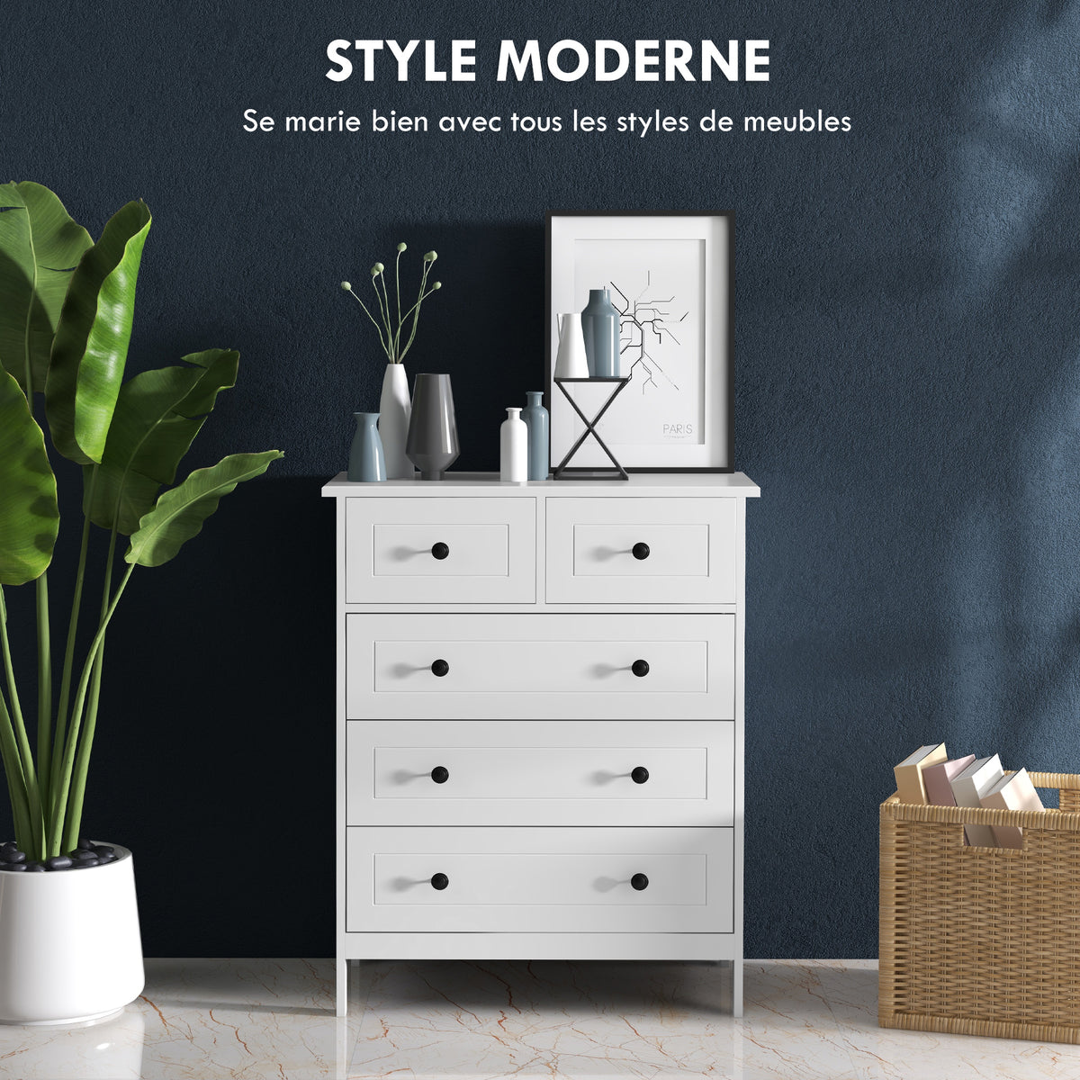 Commode meuble de rangement 5 tiroirs pour chambre, bureau, entrée, blanc et poignée métal noir-3