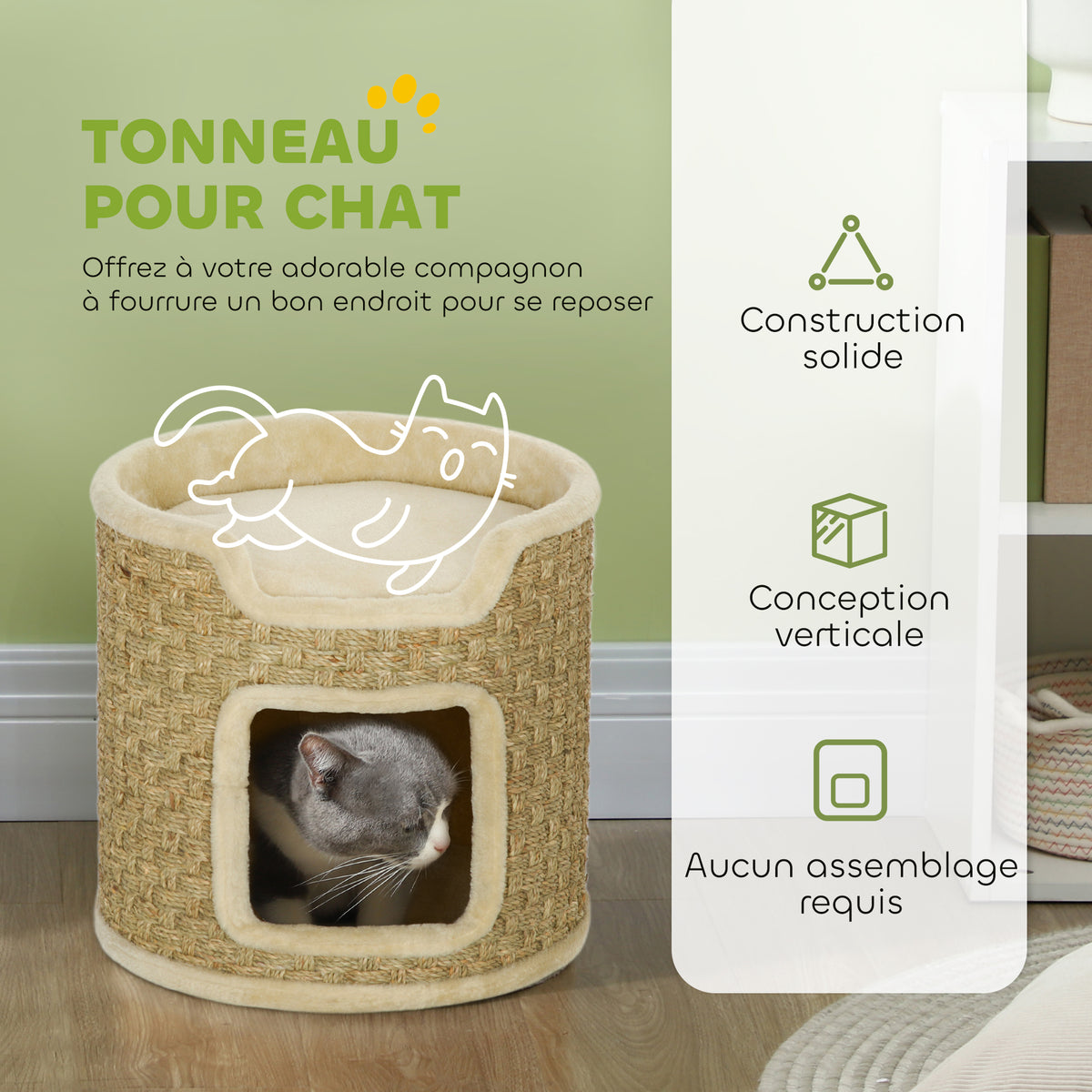 Tonneau à gratter pour chat, tonneau à chat, recouvert de peluche, capacité de 5 kg, Ø 38 x 37H cm kaki et beige-3