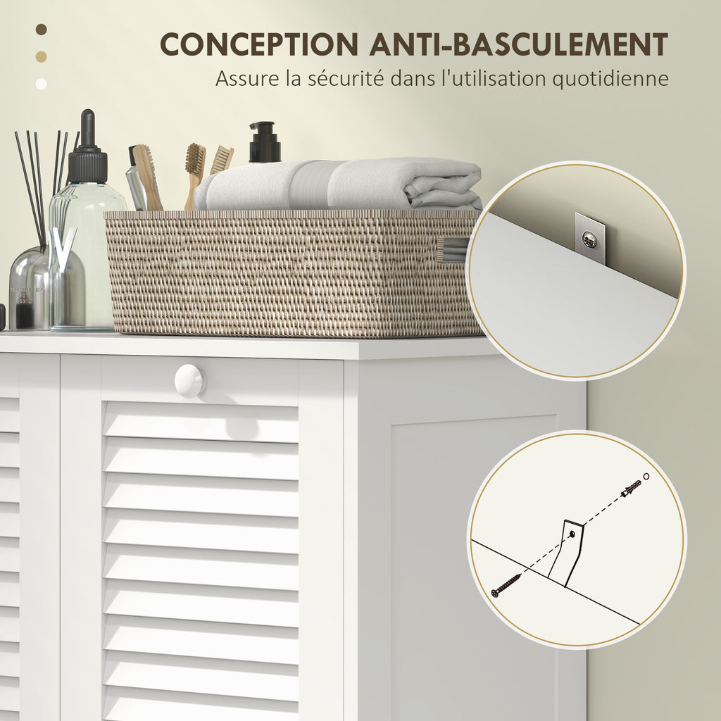 Meuble salle de bain avec panier à linge armoire salle de bain en bois portes persiennes 2 paniers 70 x 38 x 73 cm blanc-5