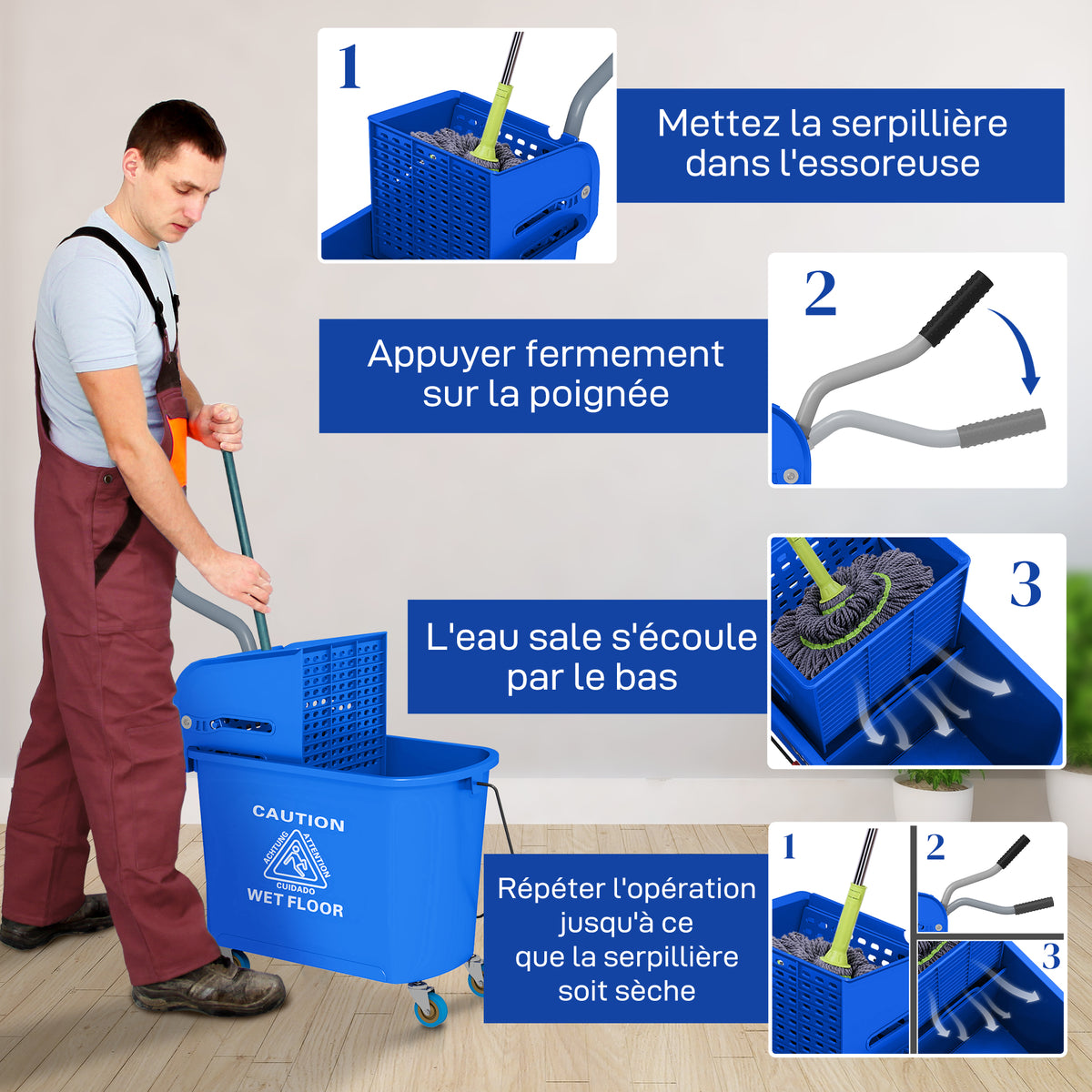 Chariot de nettoyage lavage seau de ménage 20 L avec essoreur et séparateur eau sale propre bleu 60L x 27l x 70,5H cm-5