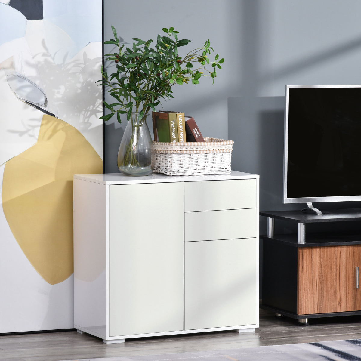 Meuble rangement buffet commode armoire 2 tiroirs 2 placards portes, étagères chambre, 79x36x74cm blanc-9