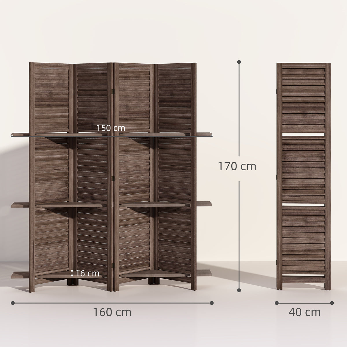 Paravent intérieur en bois 4 panneaux 160 x 170 cm, séparateur de pièce pliable avec 3 étagères, noyer-2