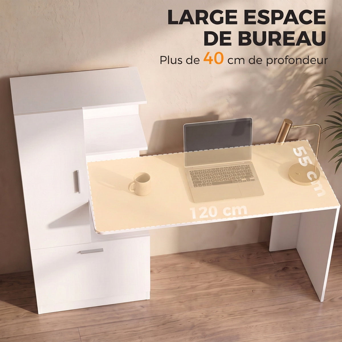 Bureau d'Ordinateur avec Bibliothèque, Bureau Informatique, Placard et Étagères Ouvertes, 150x55x122cm, Blanc-4