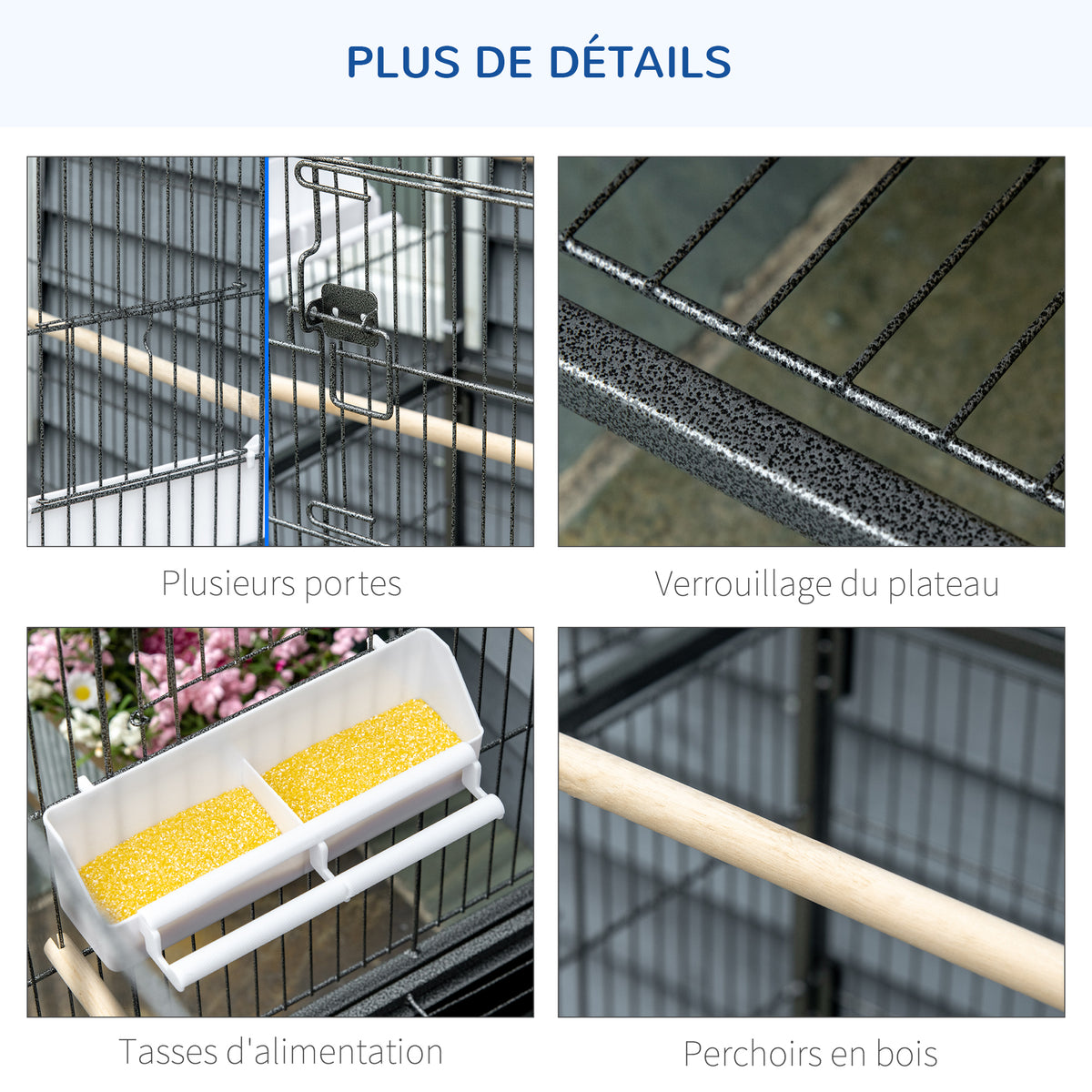 Cage à oiseaux sur pied volière oiseaux intérieur 4 perchoirs en bois et mangeoires fil d'acier gris foncé-6
