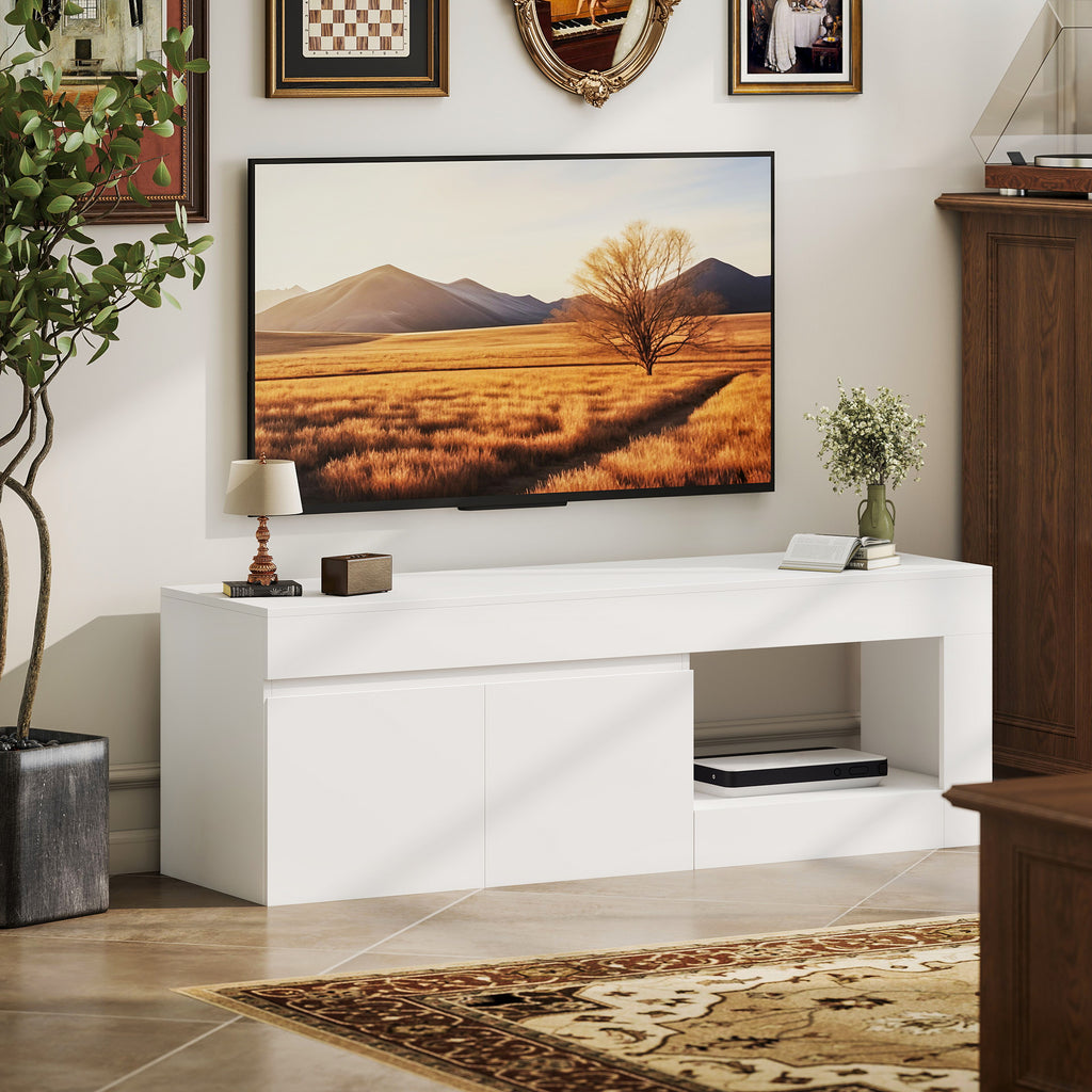 Meuble TV 2 portes pour téléviseurs jusqu'à 60 pouces, meuble télé avec placard et étagère ouverte, blanc-7