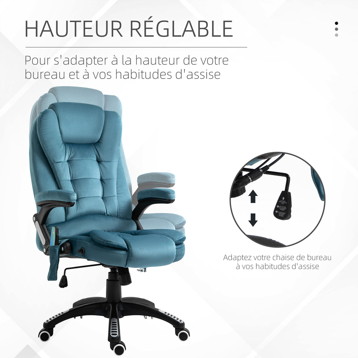 Fauteuil de bureau massant et chauffant, chaise de bureau, chaise ergonomique avec hauteur réglable, dossier inclinable et télécommande filaire, pivotant à 360° tissu en polyester bleu-3