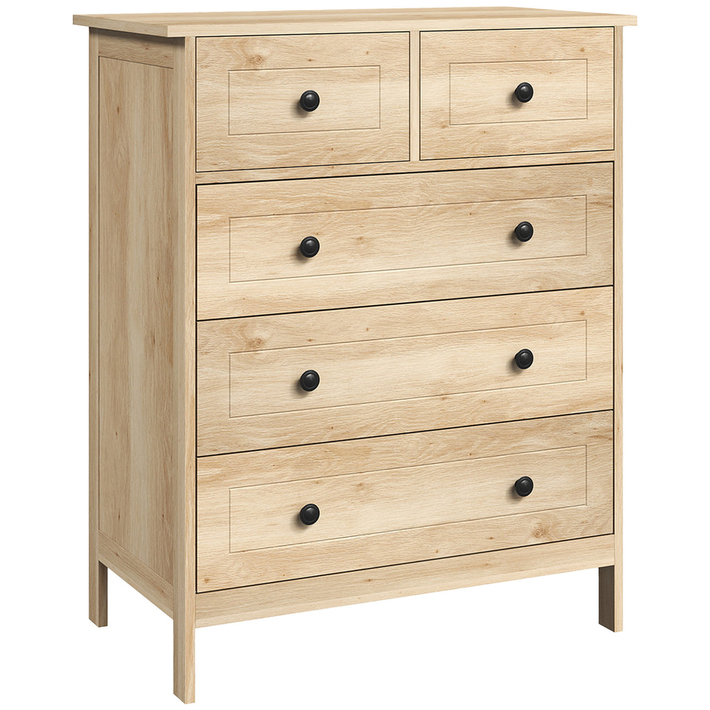 Commode meuble de rangement 5 tiroirs pour chambre, bureau, entrée, chêne et poignée métal noir-0