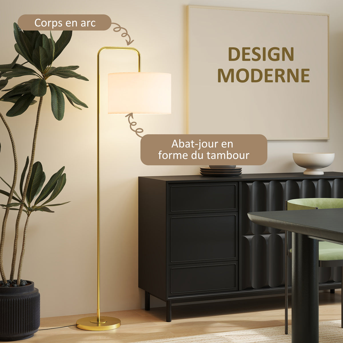 Lampadaire sur pied salon style moderne avec abat-jour aspect lin et interrupteur à pied 163,5 cm doré et blanc-3