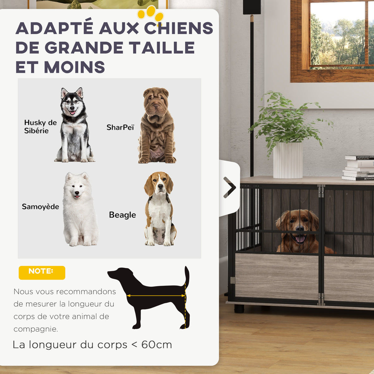 Cage pour chien intérieur, table d'appoint, 100 x 60 x 68 cm, niche, 3 portes verrouillables,  aspect bois noir-3