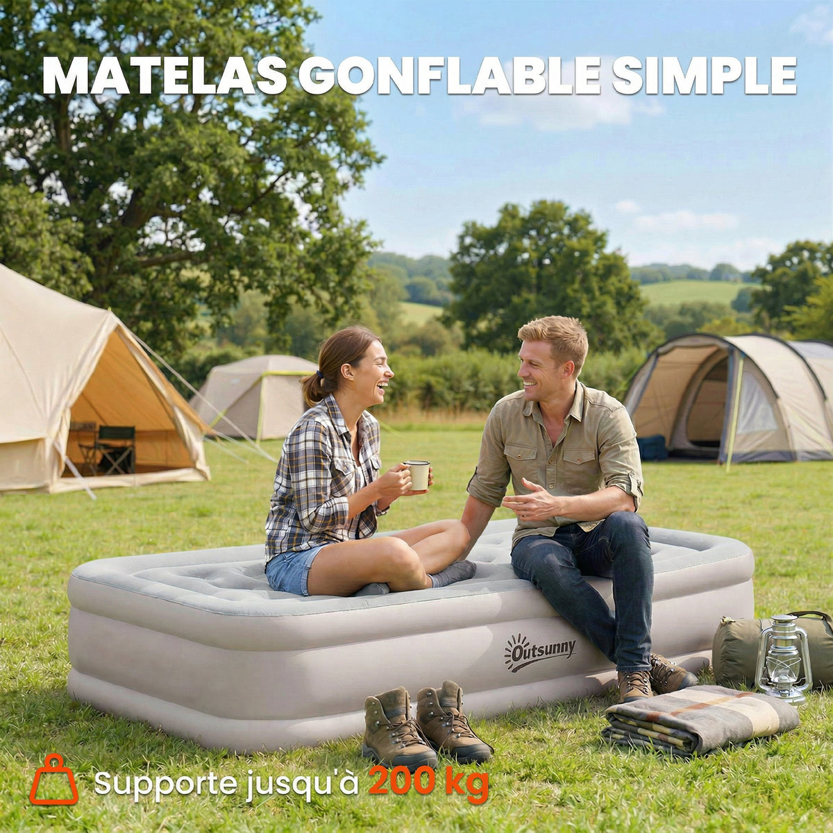 Matelas Gonflable, Pompe Électrique Intégrée, Surface Floqué , Imperméable 5000 mm, Sac Transport, 190x97x39cm, Kaki-4