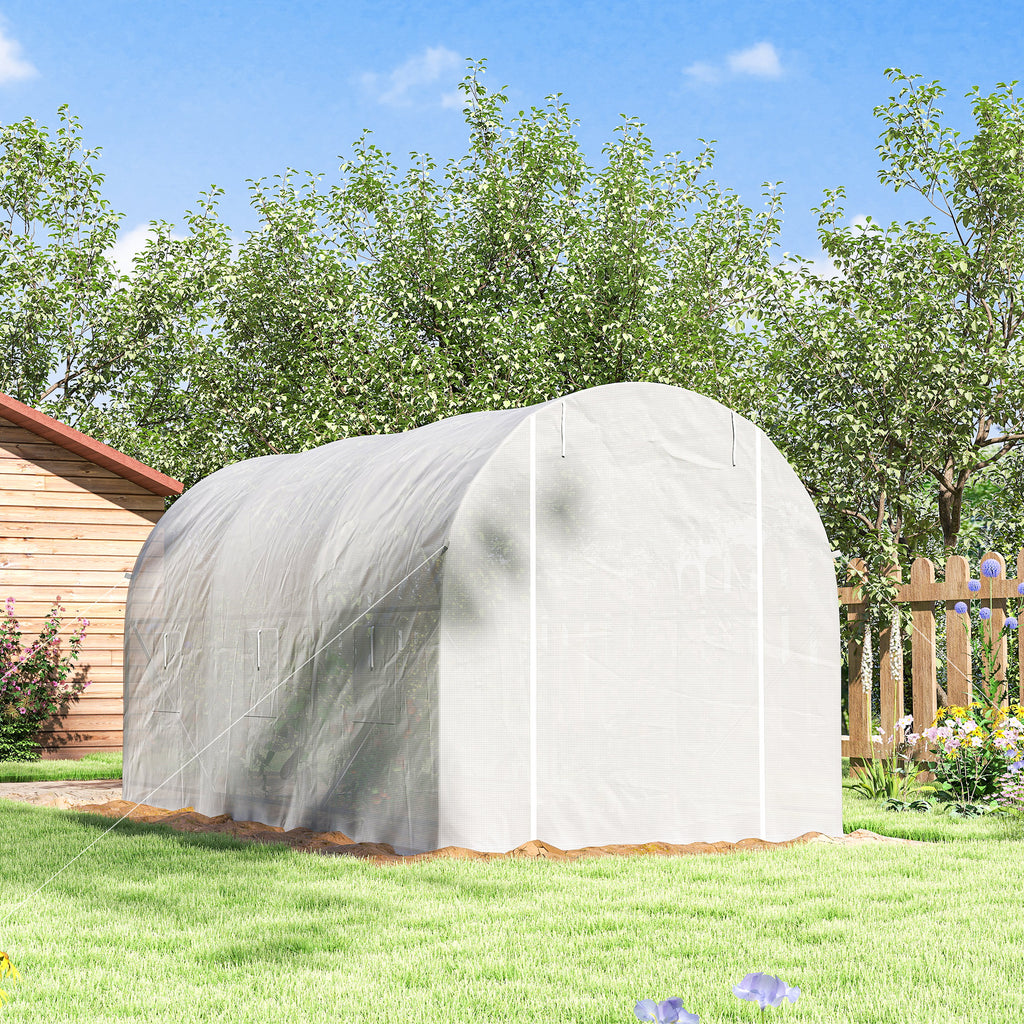 Serre tunnel de jardin 7m², serre de jardin tunnel avec porte et 6 fenêtres, bâche PE 140 g/m² 350 x 200 x 200 cm blanc-8