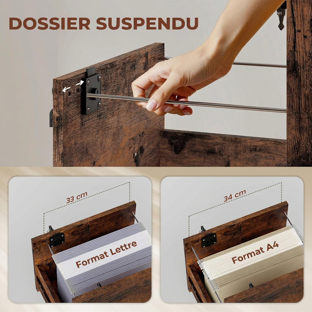 Caisson bureau mobile à 2 tiroirs, meuble rangement bureau sur roulettes pour documents suspendus format lettre, marron-4