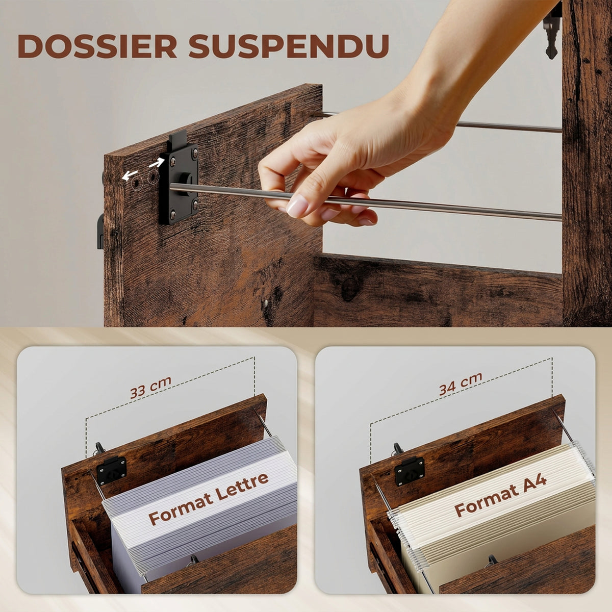 Caisson bureau mobile à 2 tiroirs, meuble rangement bureau sur roulettes pour documents suspendus format lettre, marron-4