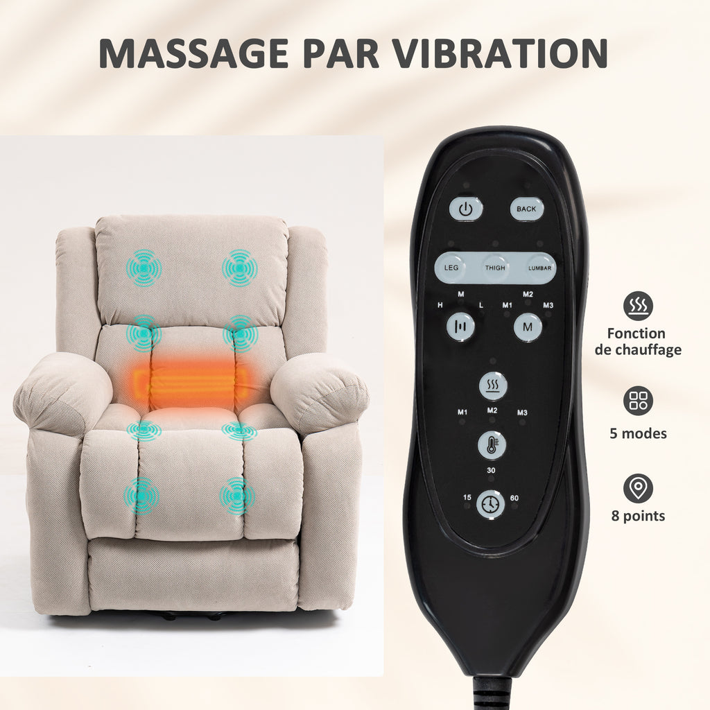 Fauteuil releveur électrique massage et chauffage avec repose-pied, dossier inclinable, télécommande et poche latérale-4