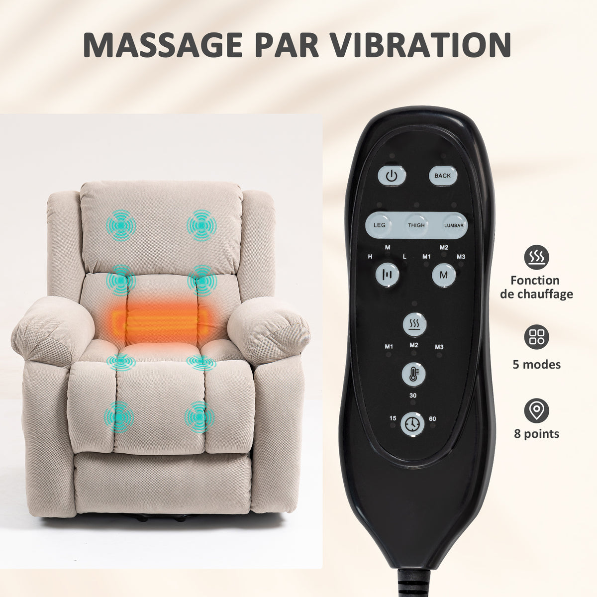 Fauteuil releveur électrique massage et chauffage avec repose-pied, dossier inclinable, télécommande et poche latérale-4