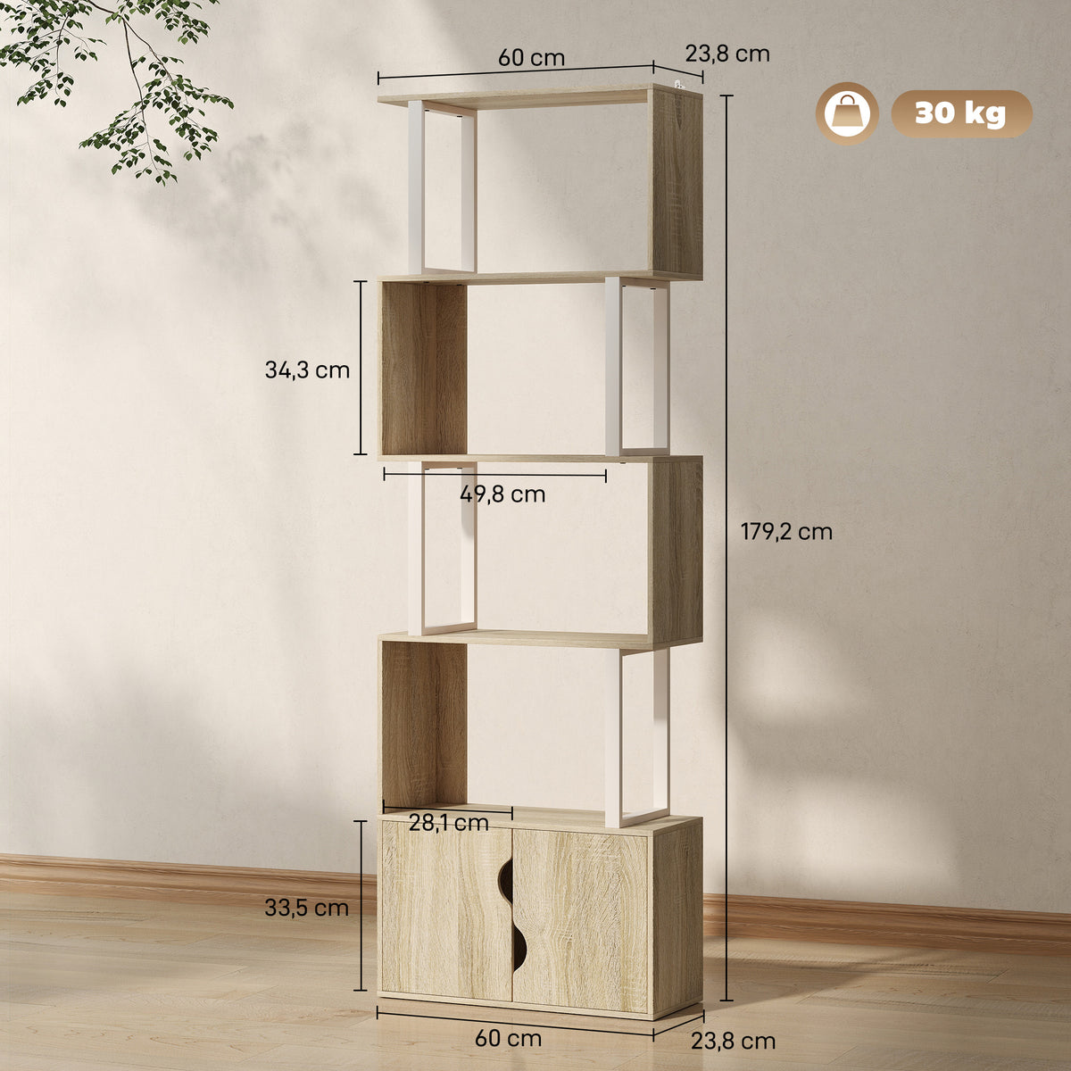 Bibliothèque à 5 niveaux, meuble de rangement avec étagères et placard double porte, 60 x 23,8 x 179,2 cm, bois naturel-2