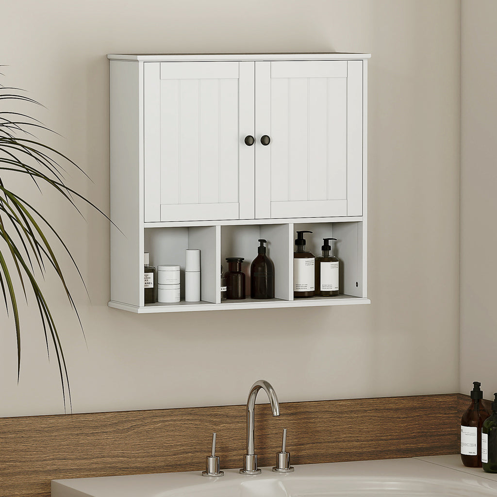 Armoire murale de salle de bain, meuble de rangement avec 2 portes, étagère réglable et compartiments ouverts, blanc-9