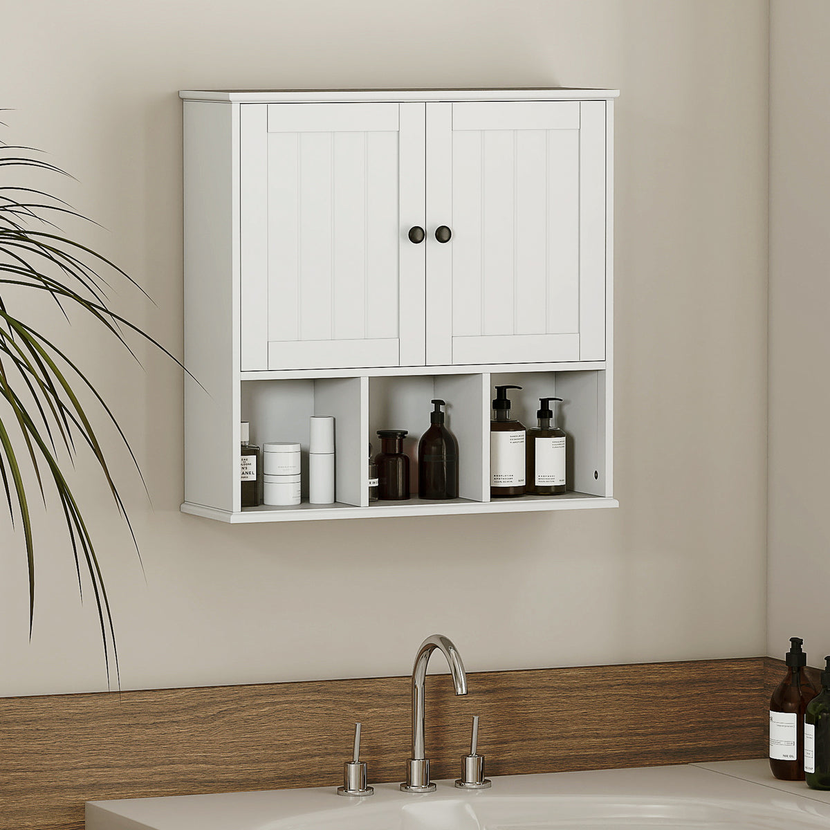Armoire murale de salle de bain, meuble de rangement avec 2 portes, étagère réglable et compartiments ouverts, blanc-9