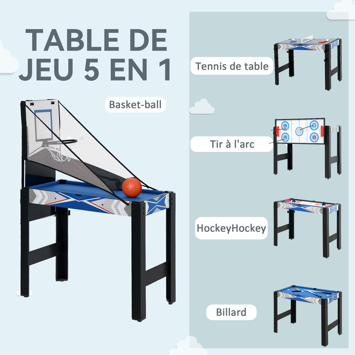 Mini Table de jeux multifonctions 5 en 1, Billard, ping-pong, jeu de palets, mini basket, tir à l'arc, bleu-3