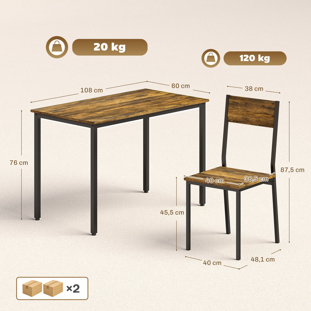 Ensemble table salle à manger avec 4 chaises, table de cuisine avec chaises 4 personnes, pieds en métal, brun rustique-2