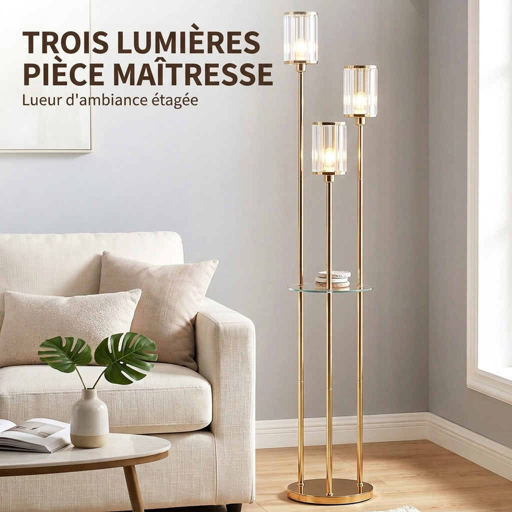 Lampadaire Étagère Verre 3 Lumières Lampe sur Pied Abat-jour Verre Doré-3