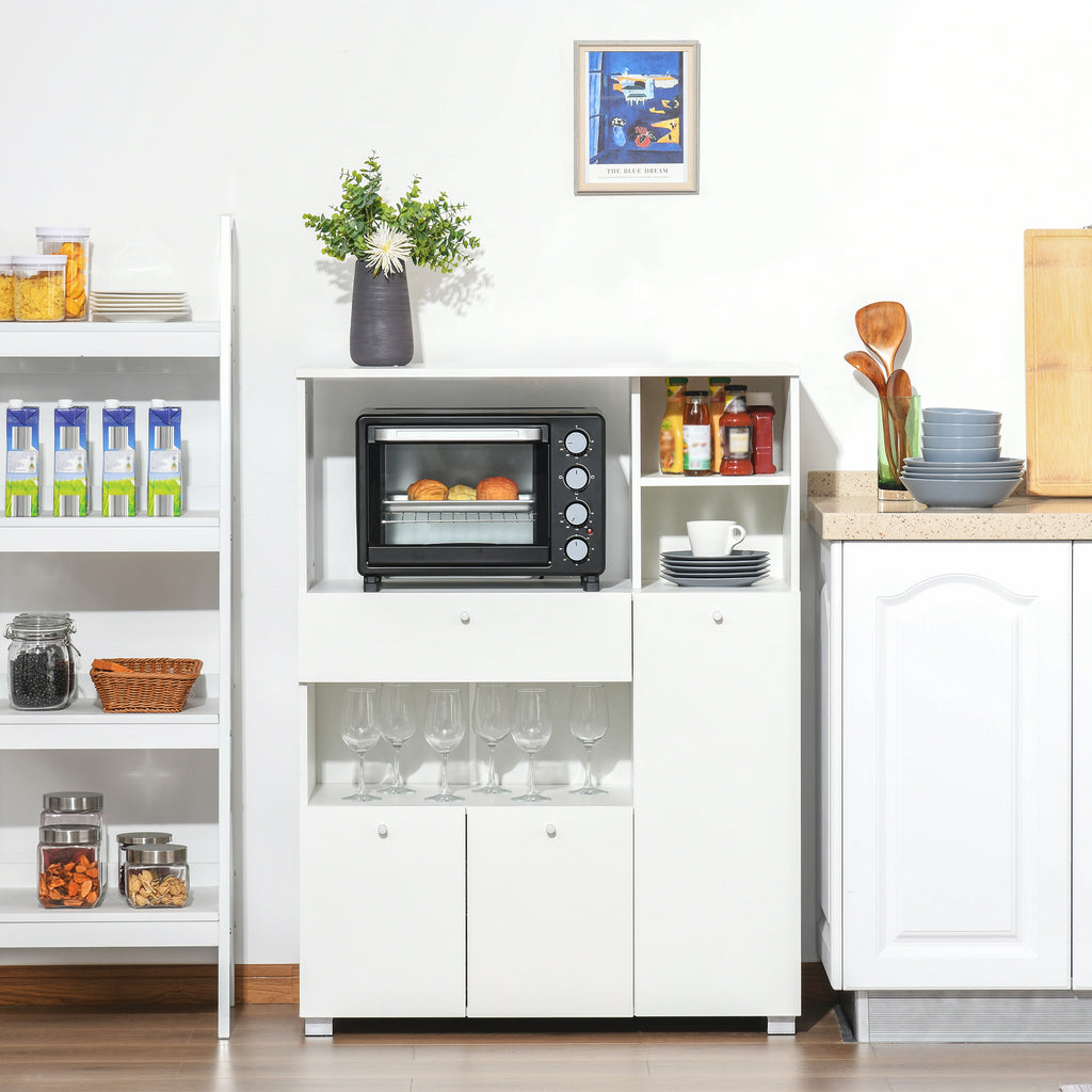 Meuble de micro-onde armoire cuisine meuble de rangement multi-rangements buffet avec 2 placards 4 niches tiroir coulissant dim. 90L x 40l x 120H cm en bois blanc-1