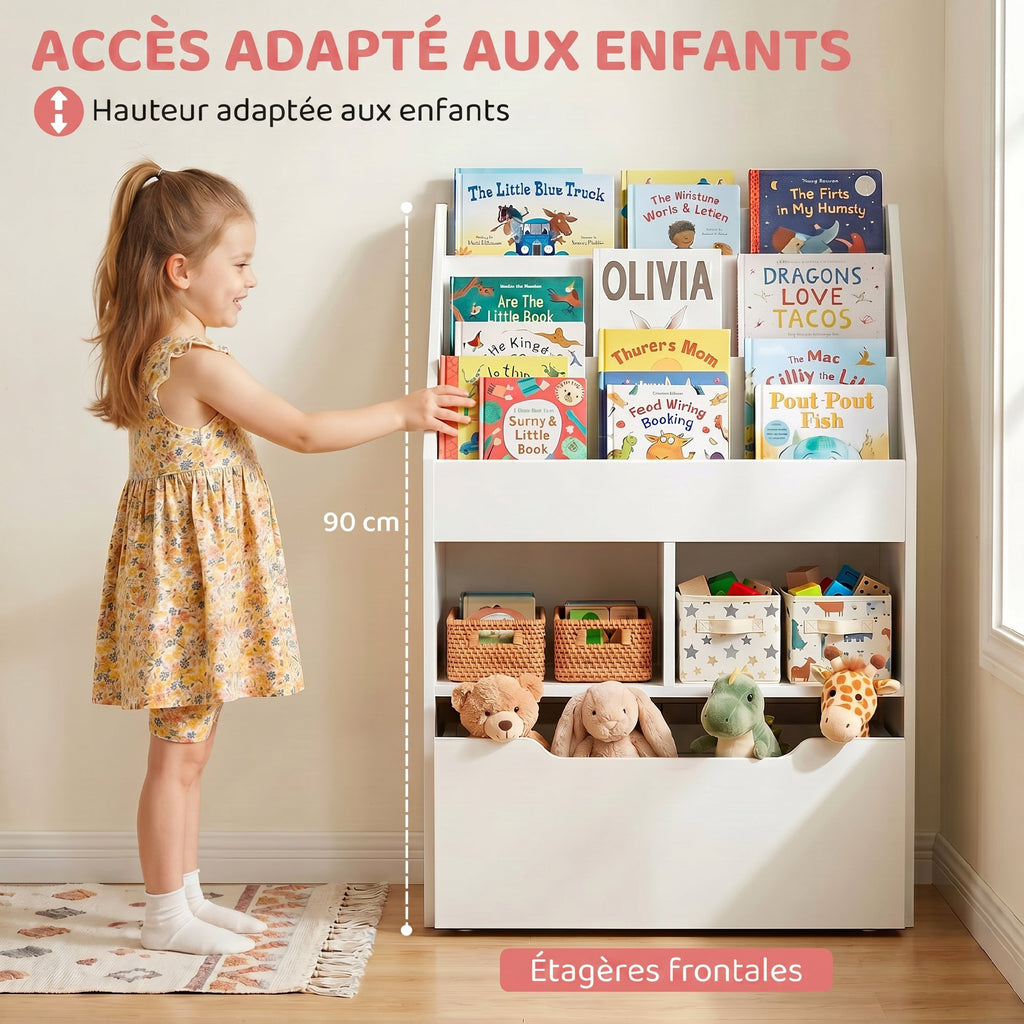 Bibliothèque étagère Multi-Rangement 3 étagères 2 niches Grand tiroir en bois Blanc-4
