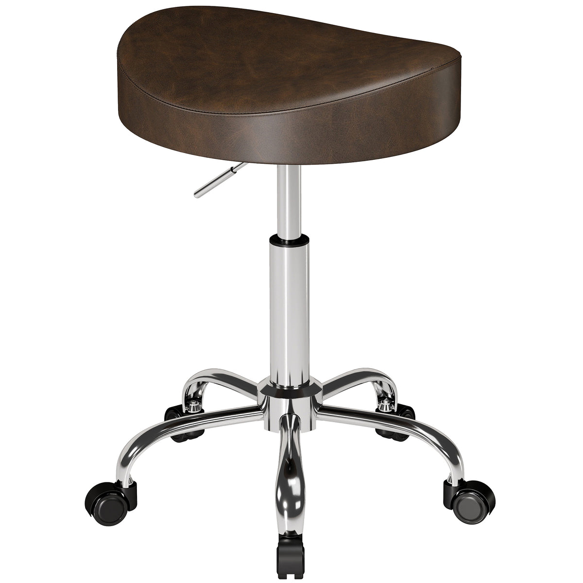 Tabouret à roulettes, tabouret de salon avec hauteur réglable 51-66 cm et assise rembourrée, pivotant 360°, marron-0