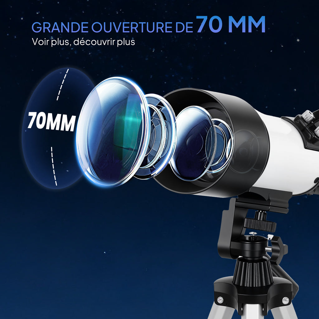 Télescope astronomique adultes et débutants 70 mm, télescope réfracteur 40X/16X trépied réglable, 80 x 80 x 135 cm blanc-3